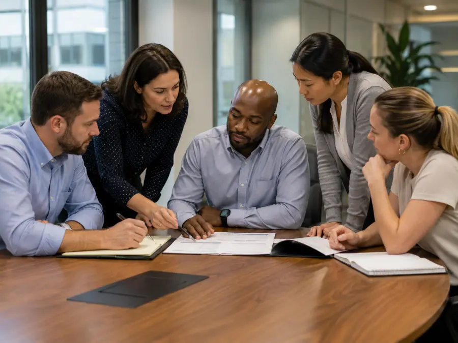 Professional team reviewing documents in a meeting room.