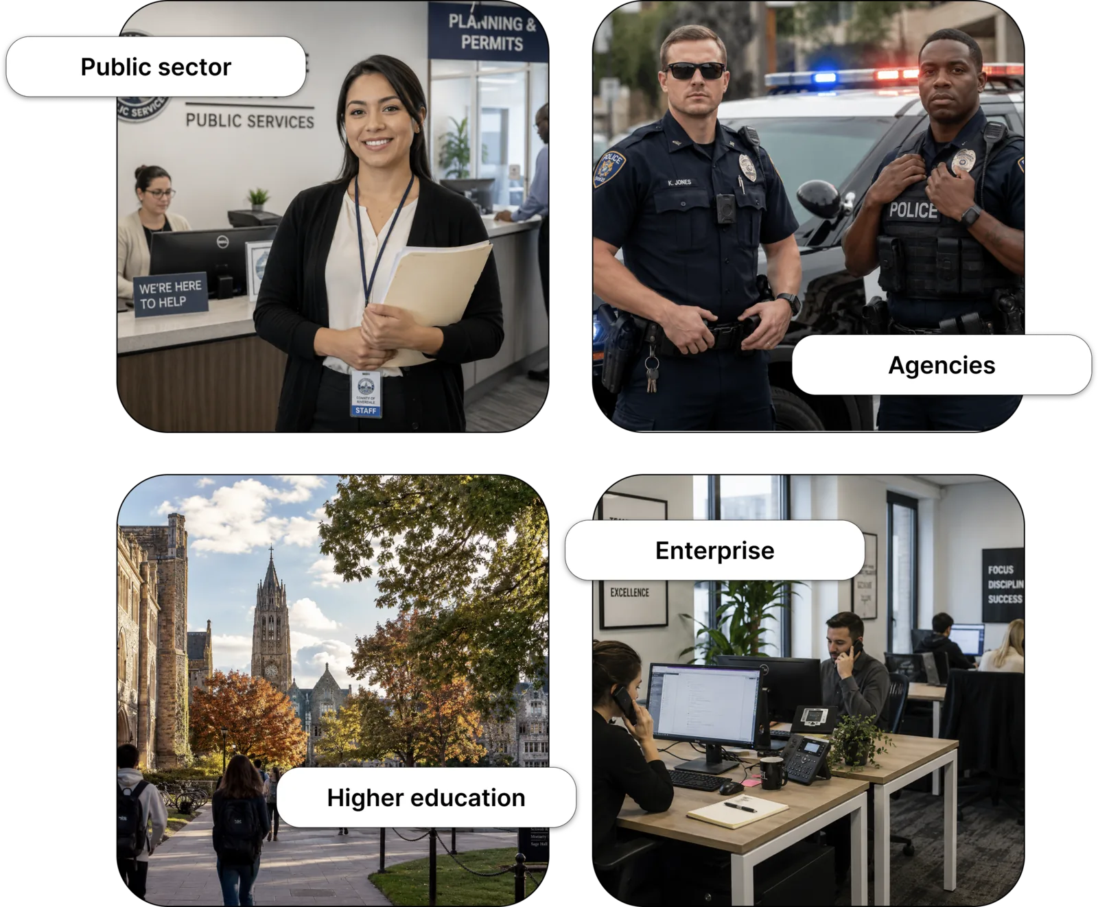 Public sector, agencies, higher education, and enterprise teams represented as one shared operating model.