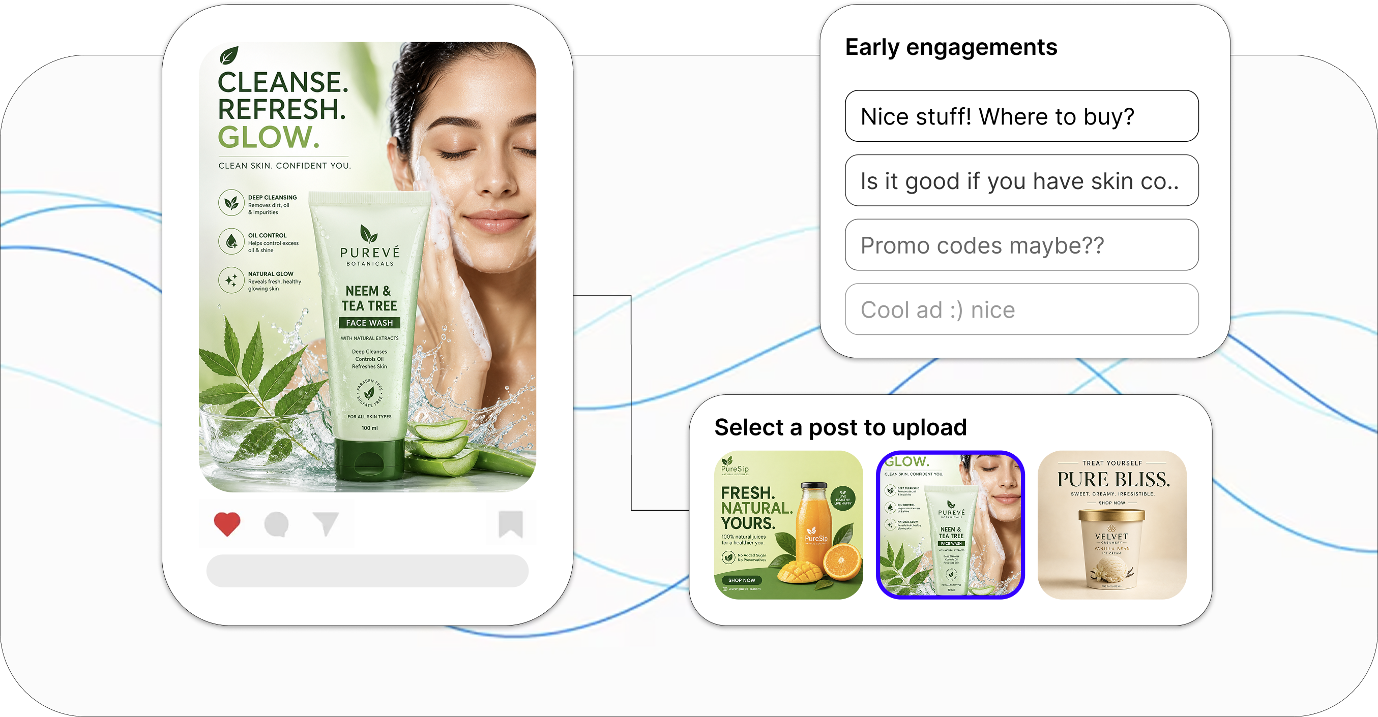 Social intelligence interface showing content signals, audience activity, and recommended publishing windows.